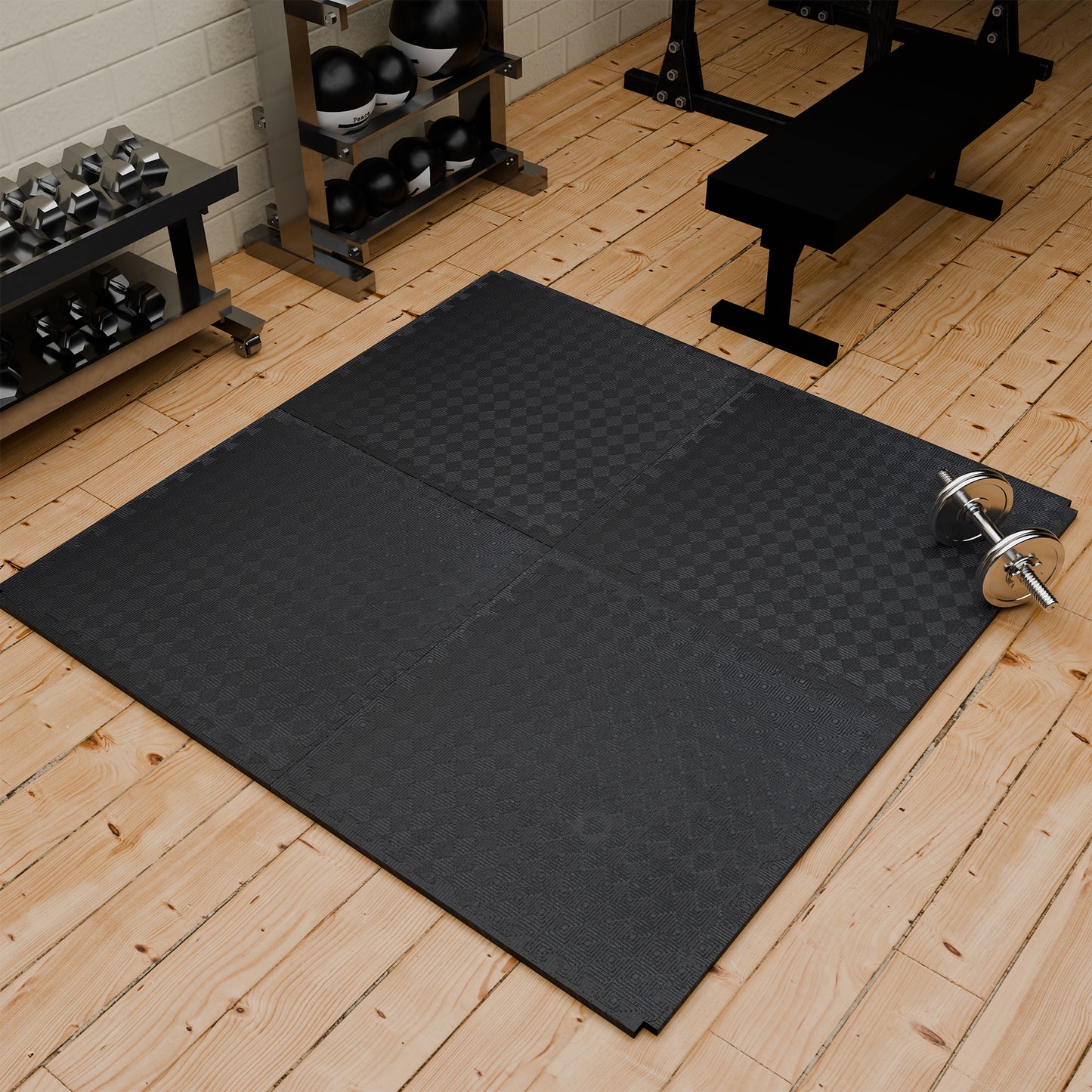 12 mm (Single tile covering 4 Sq ft) Interlocking Gym Floor Mats:- Black