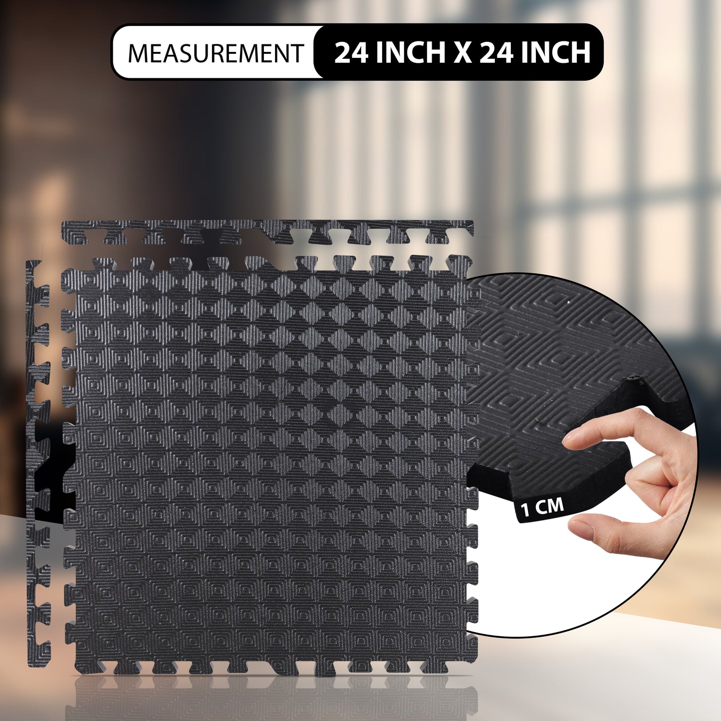 12 mm (Single tile covering 4 Sq ft) Interlocking Gym Floor Mats:- Black