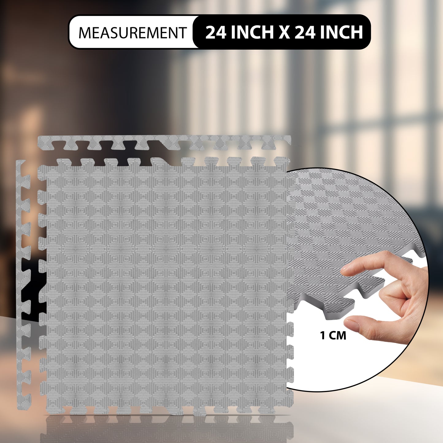 12 mm (single tile covering 4 Sq ft) Interlocking Gym Floor Mats: - Grey