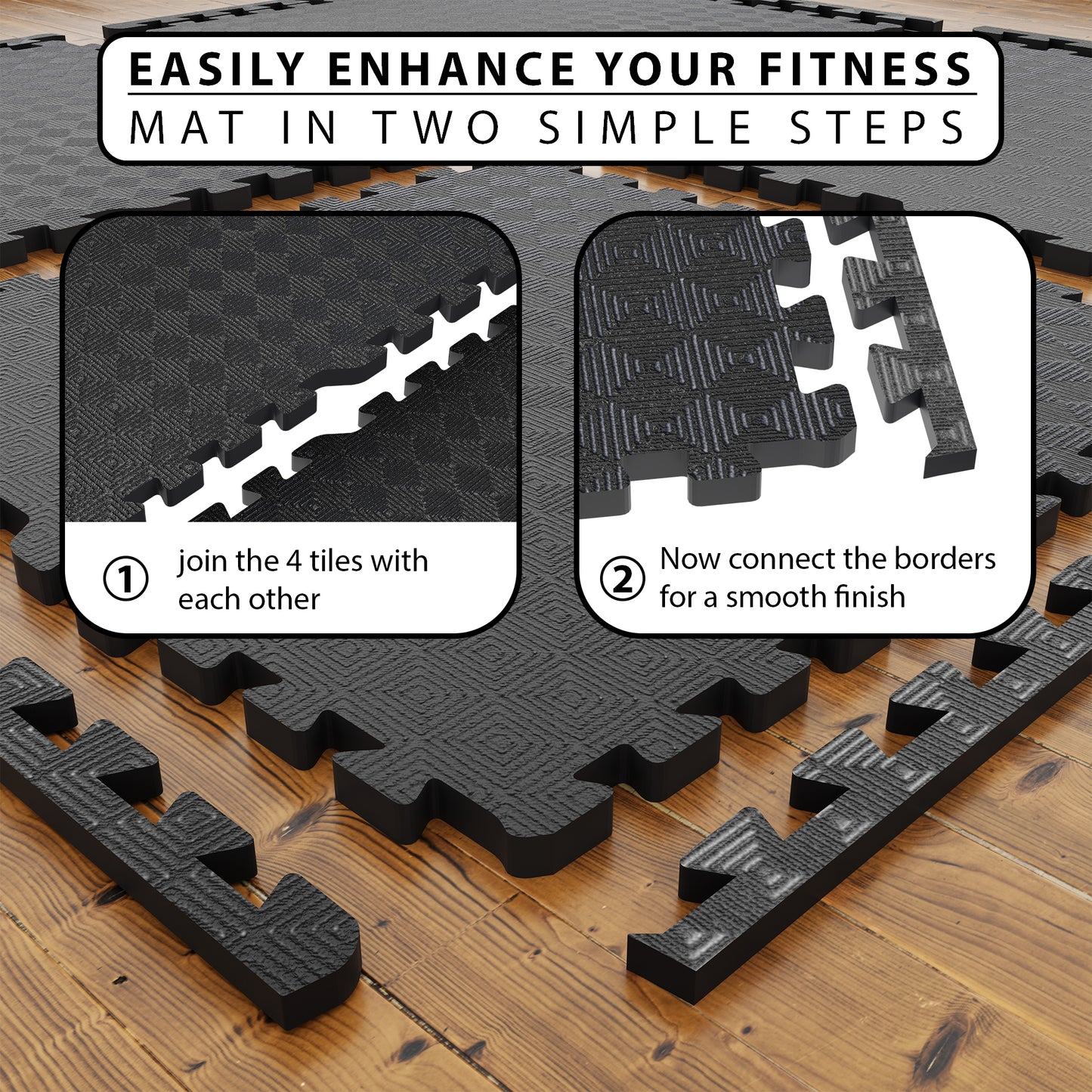12 mm (Single tile covering 4 Sq ft) Interlocking Gym Floor Mats:- Black