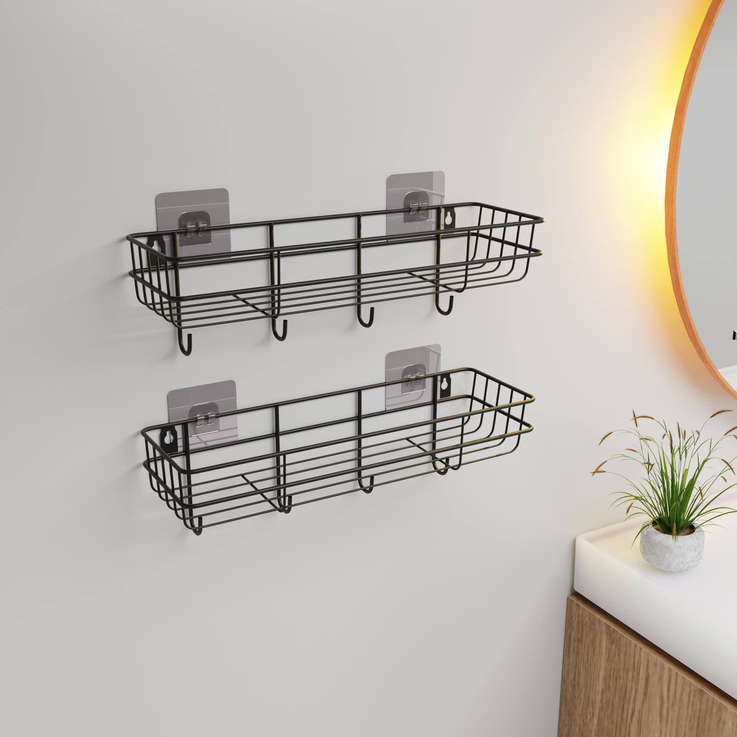 Self Adhesive Multipurpose Wall Mounted Bathroom Shelf with Hooks, Wall Mount Storage Organizer