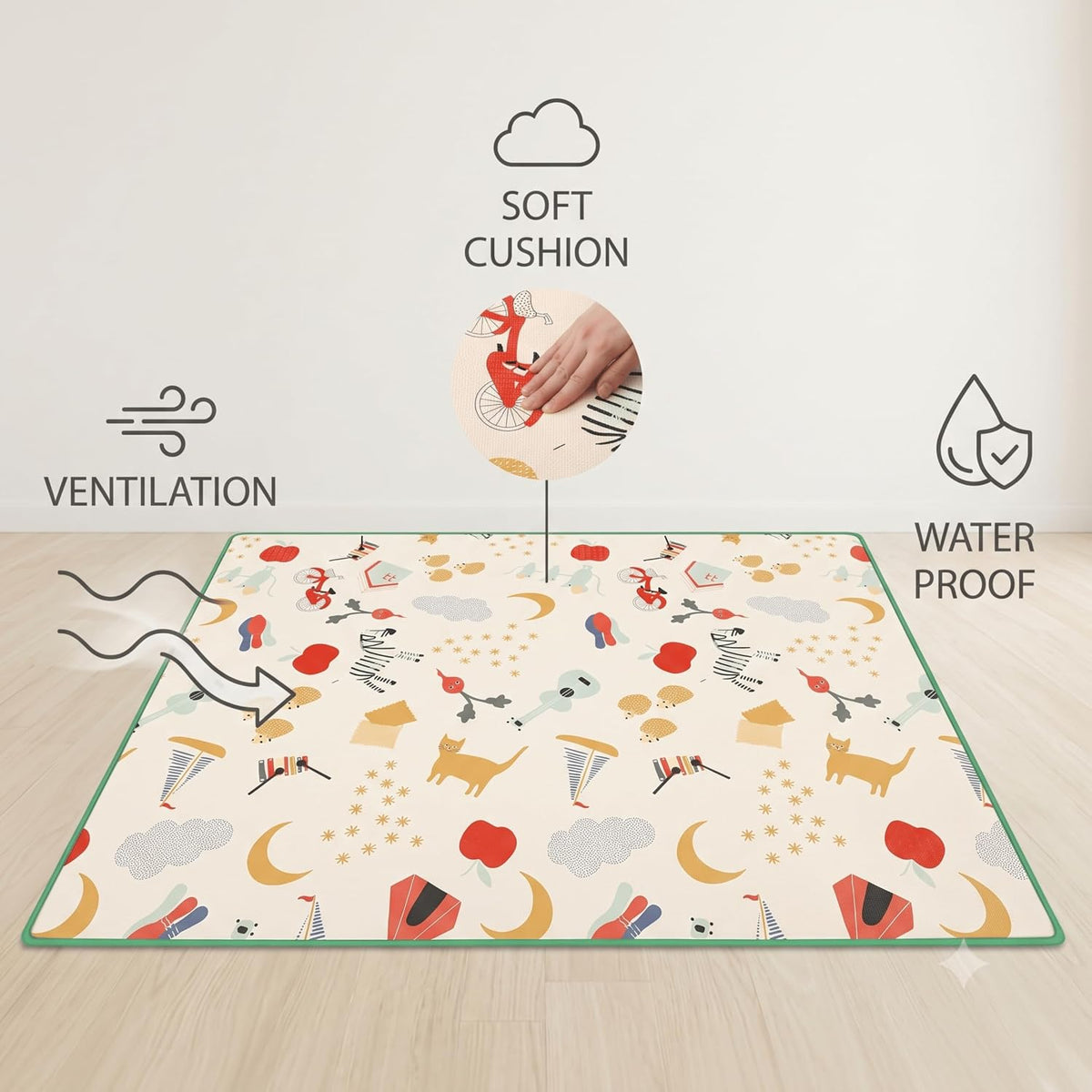 8mm Bordered Reversible Baby Play Mat, Babies Folding Mat Extra Large, Waterproof and Portable Kids Floor Mat for Learning & Crawling, Foldable Foam Mat for Kids