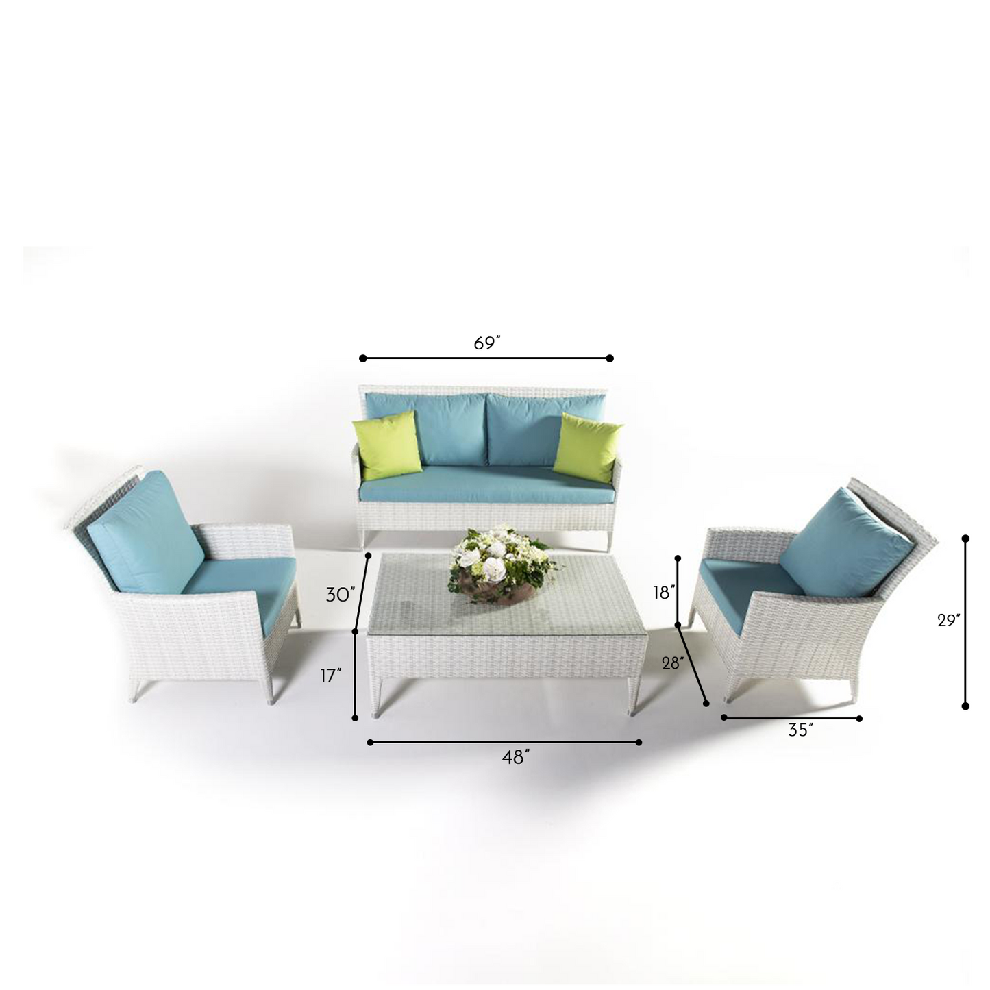 Modern White Wicker Outdoor Furniture Set with Blue Cushions, One 2 Seater Sofa, 2 Chair and Glass Top Coffee Table