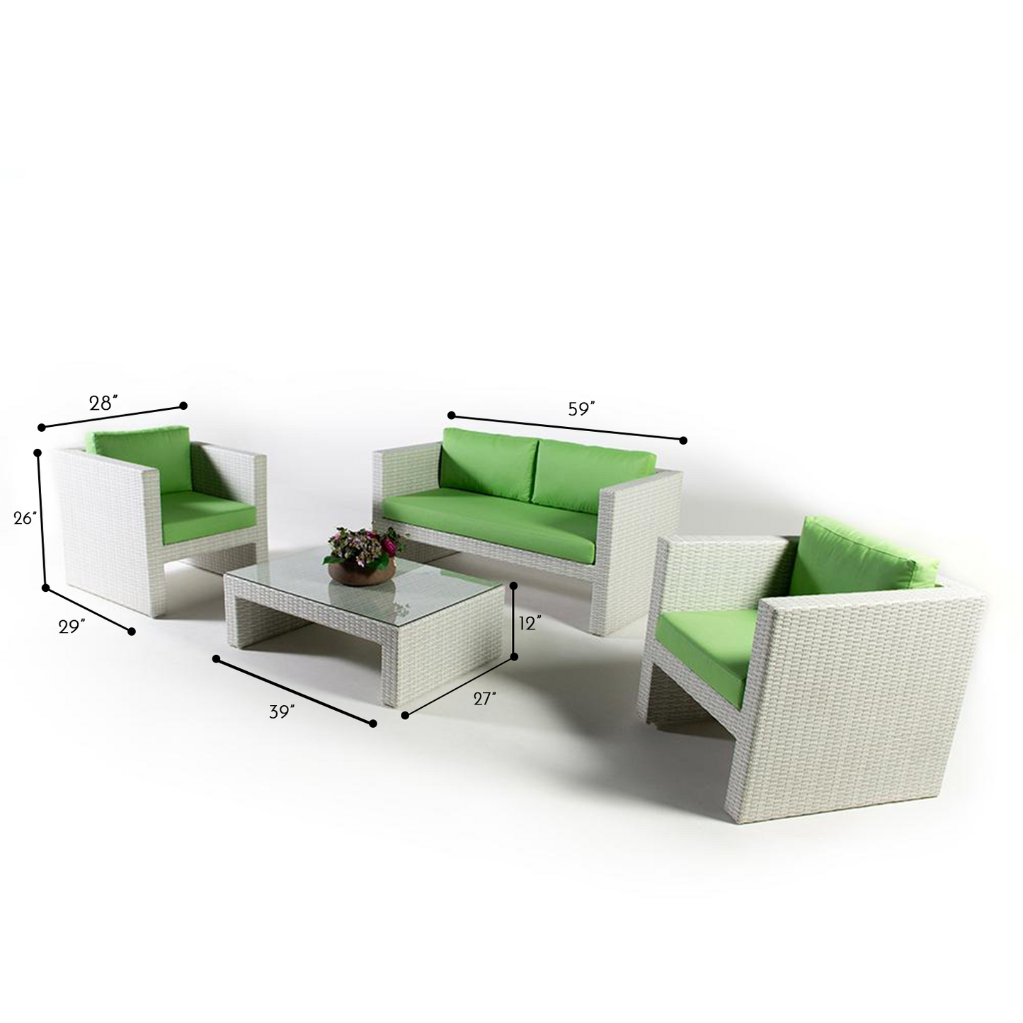 Modern White Wicker Outdoor Furniture Set with Green Cushions, One 2 Seater Sofa, 2 Chair and Glass Top Coffee Table