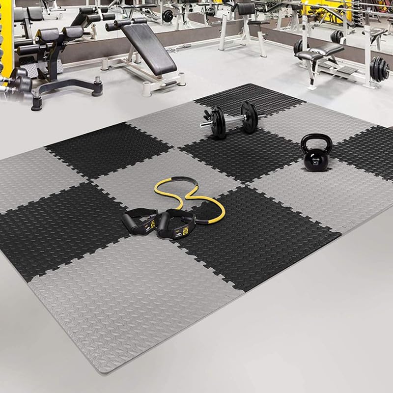 12 mm (single tile covering 4 Sq ft) Interlocking Gym Floor Mats:- Black & Grey