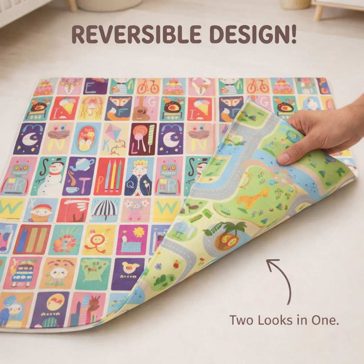 6mm Reversible Baby Play Mat, Babies Folding Mat Extra Large, Waterproof and Portable Kids Floor Mat for Learning & Crawling, Foldable Foam Mat for Kids