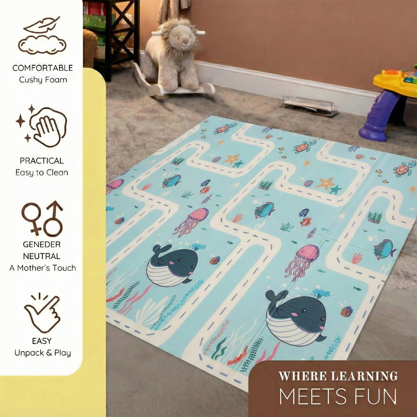 Easyhome Reversible Foldable Baby Play Mat – Extra Large Waterproof Soft Foam Crawling & Play Mat (5×6 ft)