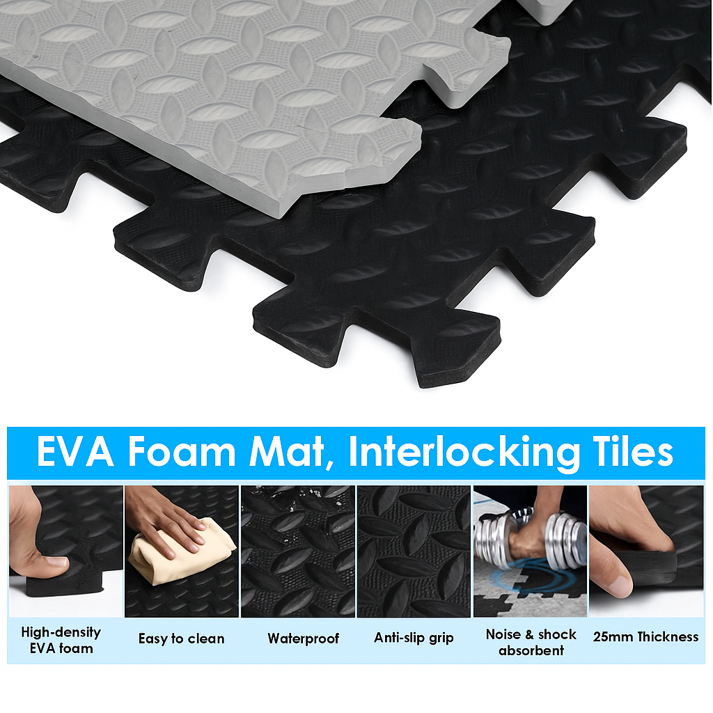 25 mm (1 tile  covering 4 Sq Ft)  Interlocking Gym Floor Mats:- Black & Grey