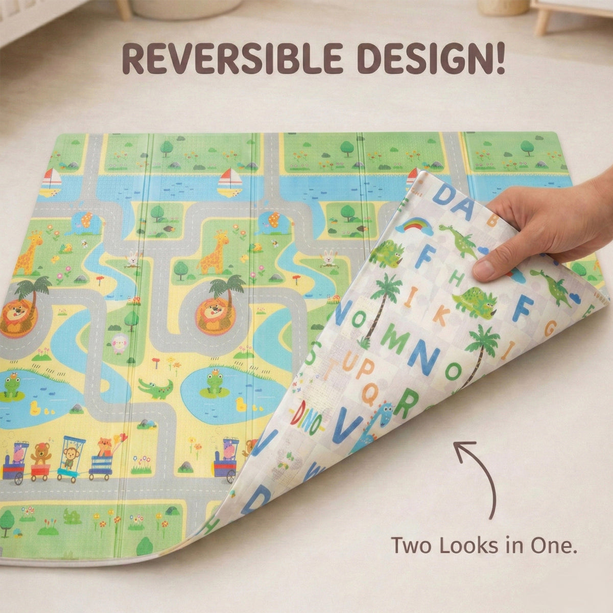 6mm Reversible Baby Play Mat, Babies Folding Mat Extra Large, Waterproof and Portable Kids Floor Mat for Learning & Crawling, Foldable Foam Mat for Kids