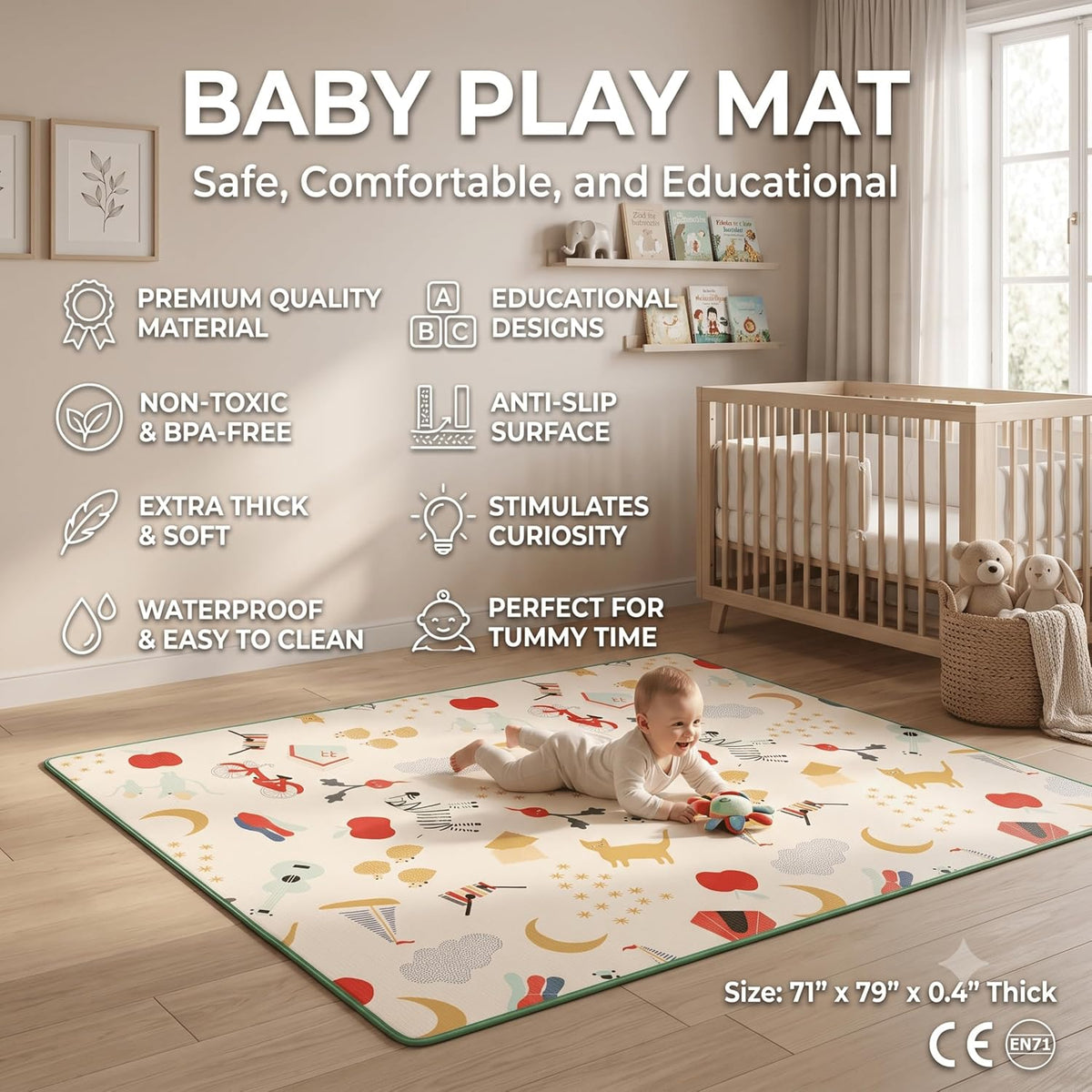 8mm Bordered Reversible Baby Play Mat, Babies Folding Mat Extra Large, Waterproof and Portable Kids Floor Mat for Learning & Crawling, Foldable Foam Mat for Kids