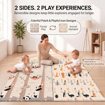 6mm Reversible Baby Play Mat, Babies Folding Mat Extra Large, Waterproof and Portable Kids Floor Mat for Learning & Crawling, Foldable Foam Mat for Kids