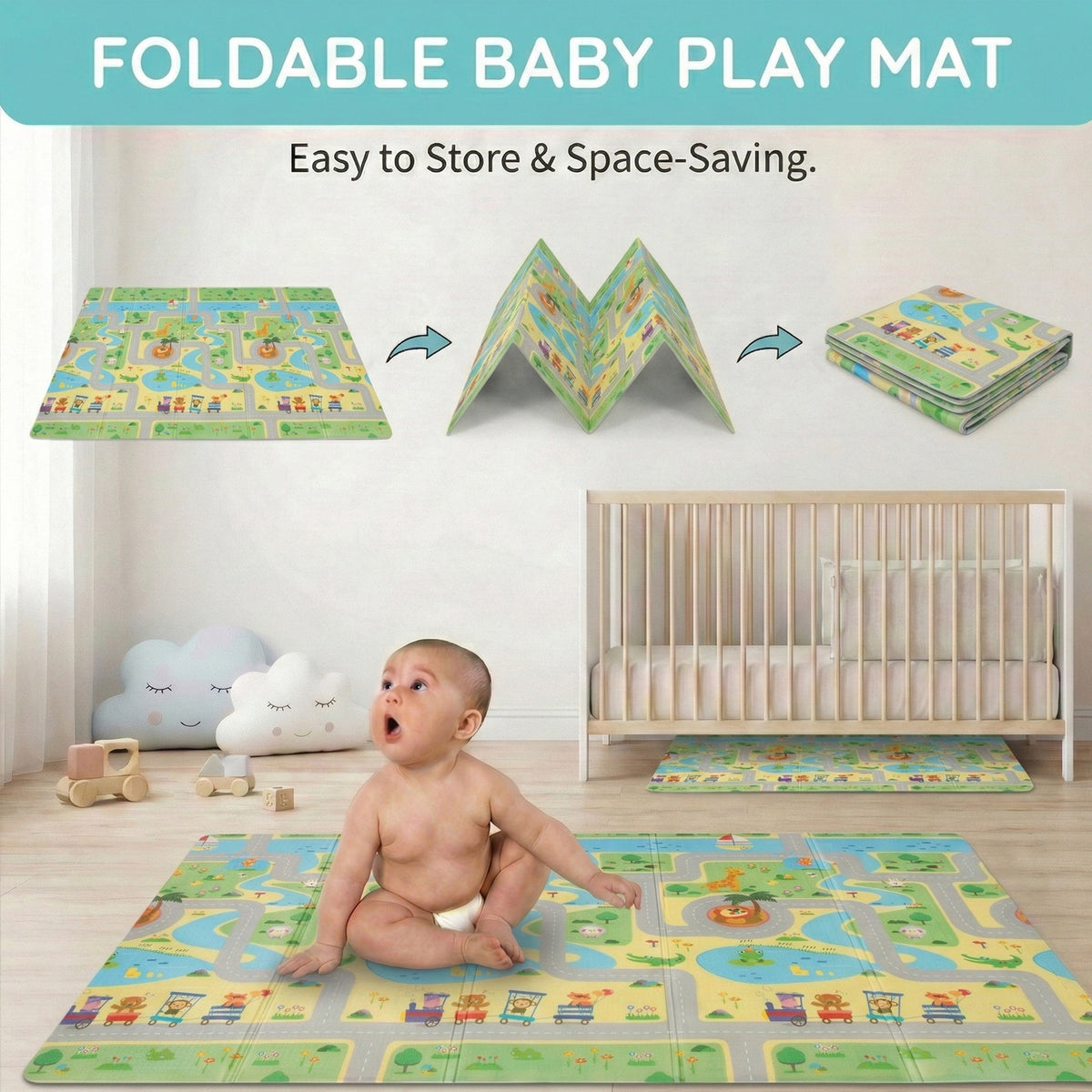 6mm Reversible Baby Play Mat, Babies Folding Mat Extra Large, Waterproof and Portable Kids Floor Mat for Learning & Crawling, Foldable Foam Mat for Kids