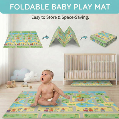 6mm Reversible Baby Play Mat, Babies Folding Mat Extra Large, Waterproof and Portable Kids Floor Mat for Learning & Crawling, Foldable Foam Mat for Kids