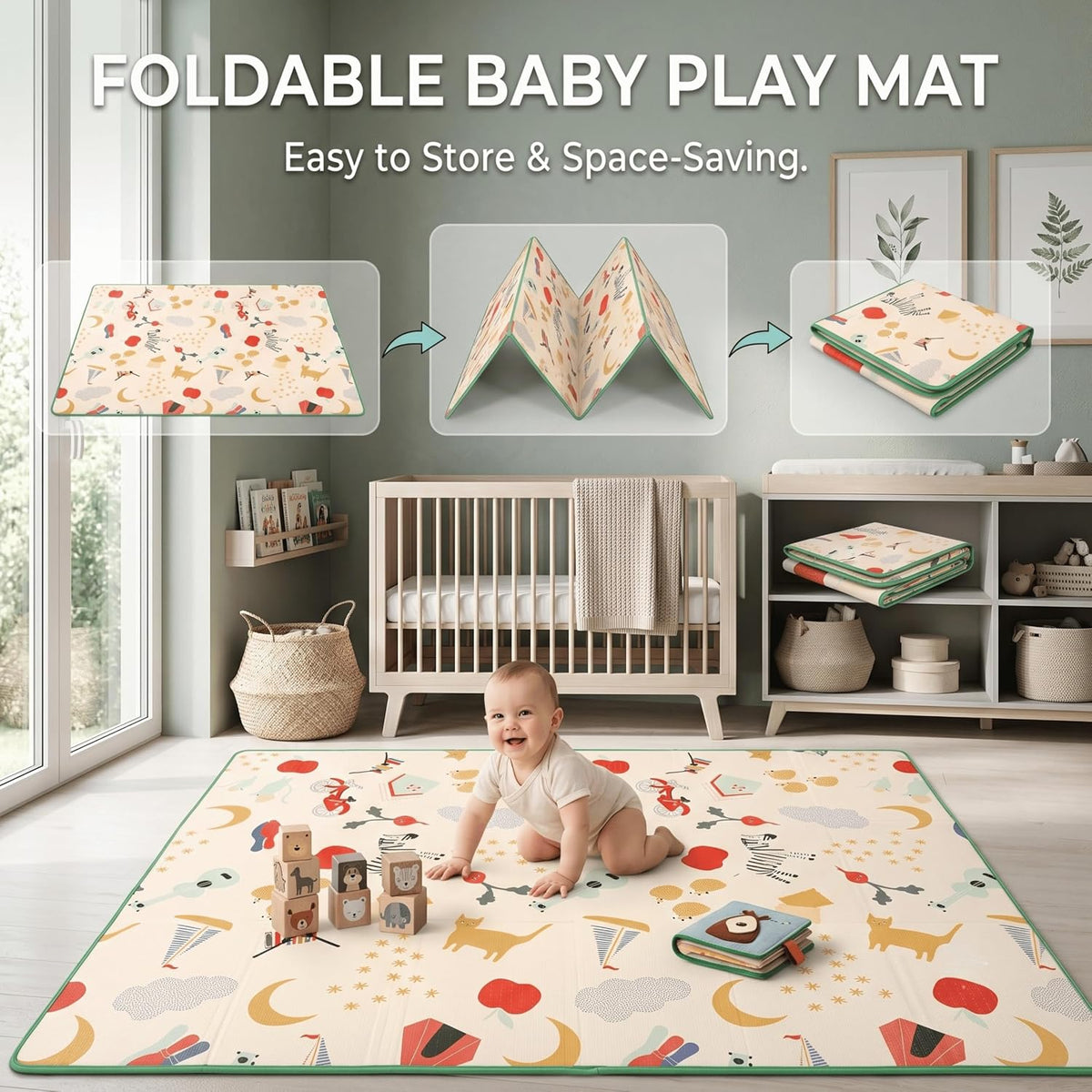 8mm Bordered Reversible Baby Play Mat, Babies Folding Mat Extra Large, Waterproof and Portable Kids Floor Mat for Learning & Crawling, Foldable Foam Mat for Kids