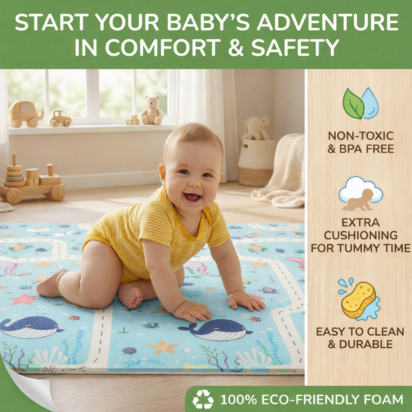 Easyhome Reversible Foldable Baby Play Mat – Extra Large Waterproof Soft Foam Crawling & Play Mat (5×6 ft)