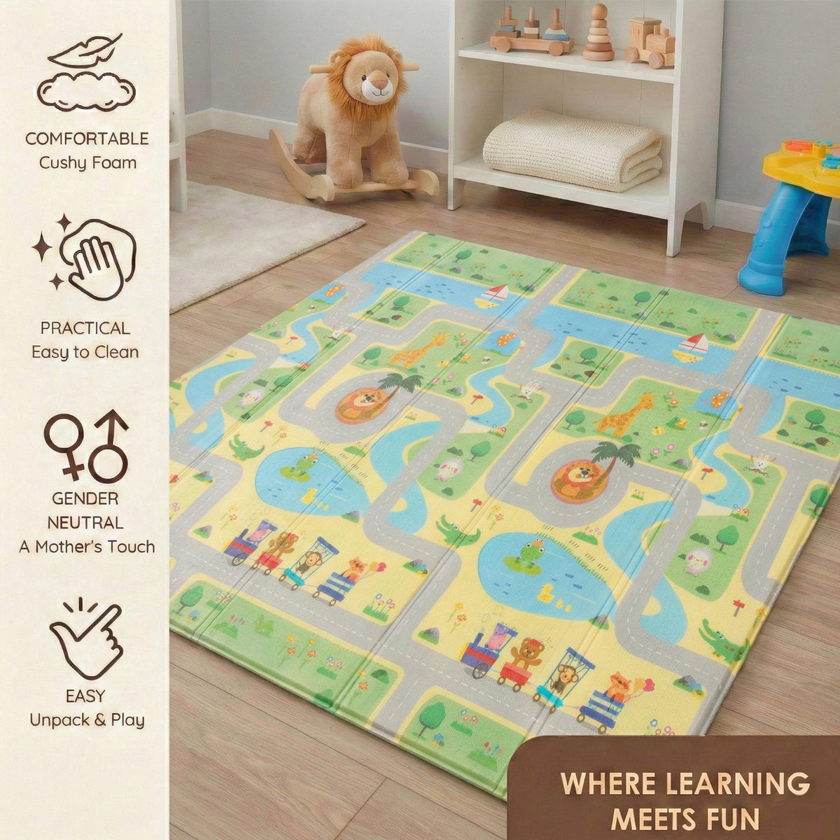 6mm Reversible Baby Play Mat, Babies Folding Mat Extra Large, Waterproof and Portable Kids Floor Mat for Learning & Crawling, Foldable Foam Mat for Kids