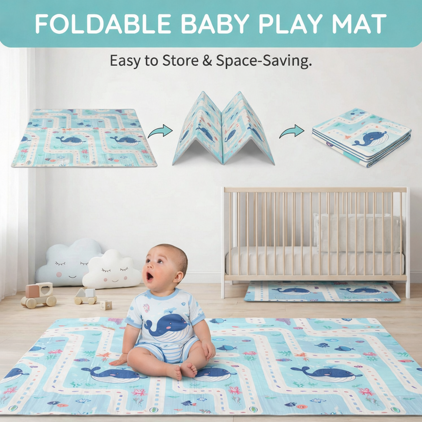 Easyhome Reversible Foldable Baby Play Mat – Extra Large Waterproof Soft Foam Crawling & Play Mat (5×6 ft)