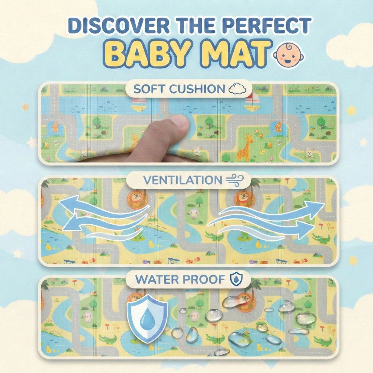 6mm Reversible Baby Play Mat, Babies Folding Mat Extra Large, Waterproof and Portable Kids Floor Mat for Learning & Crawling, Foldable Foam Mat for Kids