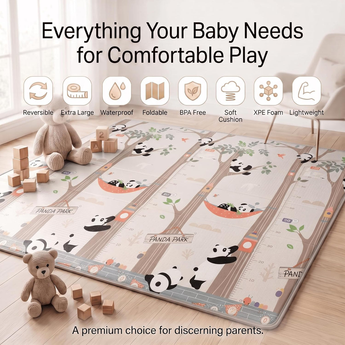 6mm Reversible Baby Play Mat, Babies Folding Mat Extra Large, Waterproof and Portable Kids Floor Mat for Learning & Crawling, Foldable Foam Mat for Kids