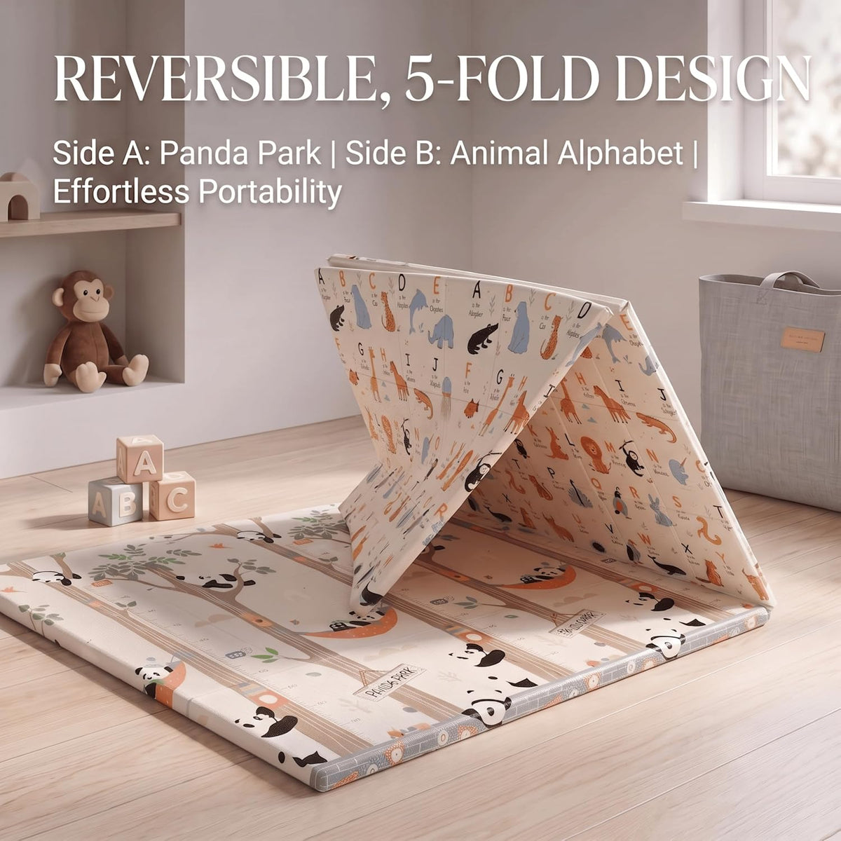 6mm Reversible Baby Play Mat, Babies Folding Mat Extra Large, Waterproof and Portable Kids Floor Mat for Learning & Crawling, Foldable Foam Mat for Kids