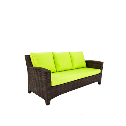 Modern Brown Wicker Outdoor Furniture Set with Green Cushions, One 3 Seater Sofa, 2 Chair and Glass Top Coffee Table