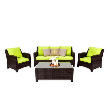 Modern Brown Wicker Outdoor Furniture Set with Green Cushions, One 3 Seater Sofa, 2 Chair and Glass Top Coffee Table